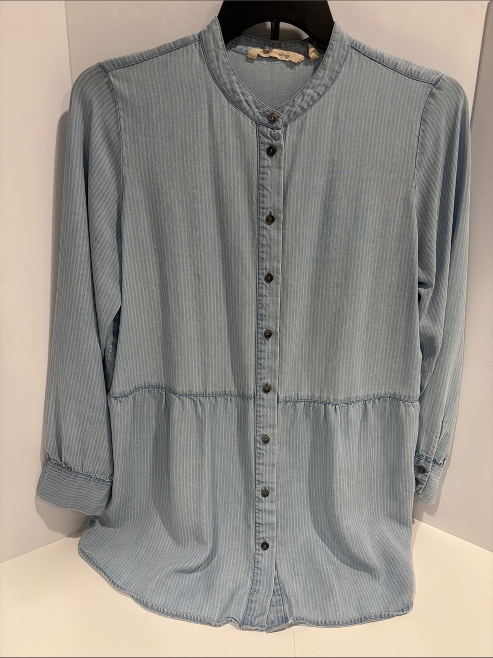 Soft Surroundings Aegean Tencel Tunic Top Chambray Pinstripe Babydoll Button Up